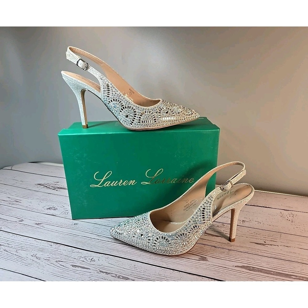 Lauren Lorraine Rachel Rhinestone Silver Sparkle Slingback Heels‎ Sz 9 Glamorous